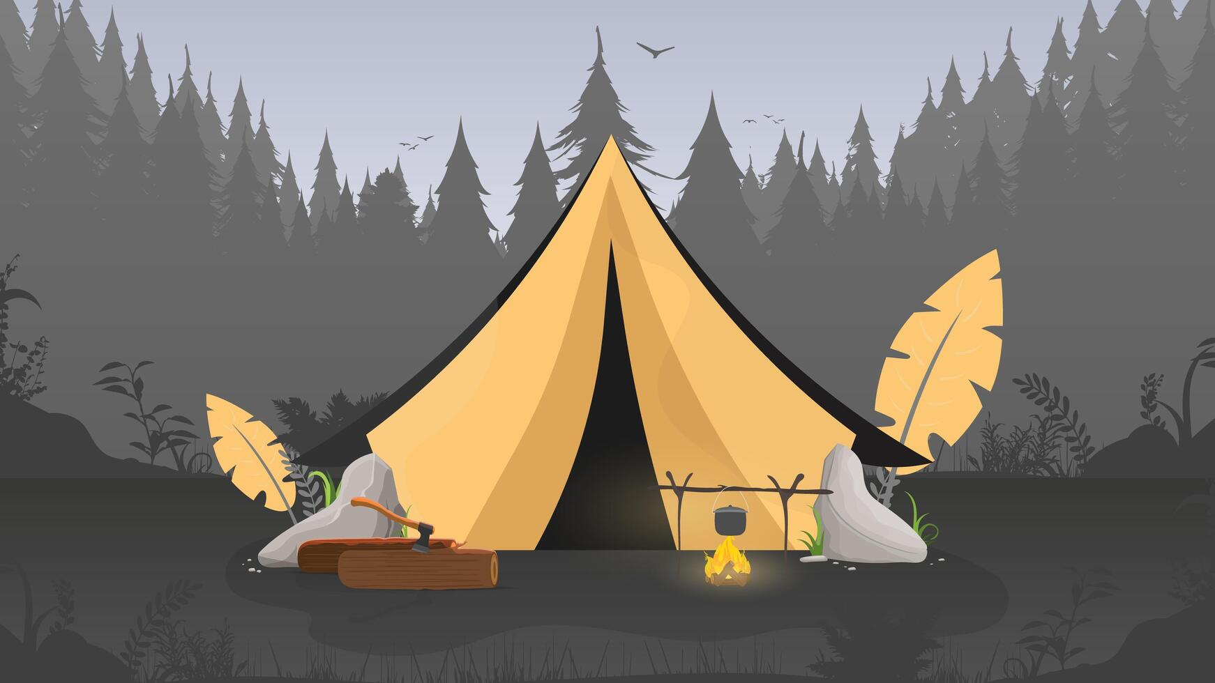 banner sobre el tema de acampar en el bosque. carpa, bosque, camping, troncos, hacha, hoguera. vector. vector