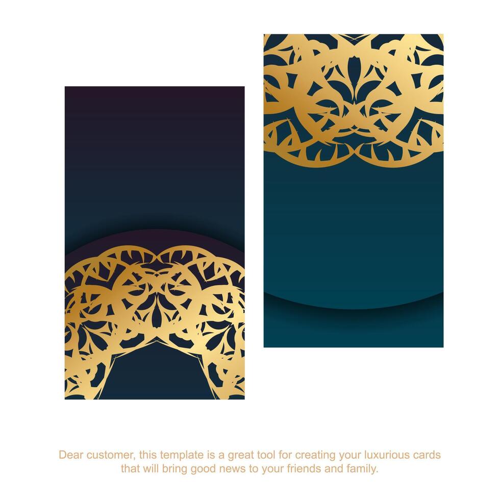 Gradient blue business card with vintage gold ornaments for your personality. vector
