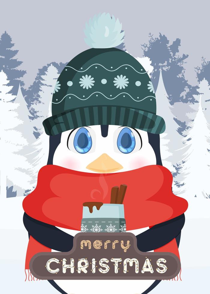 Merry christmas postcard. A penguin in a snowy forest drinks a hot drink. A penguin in warm winter clothes holds a cup in his hands. Vector