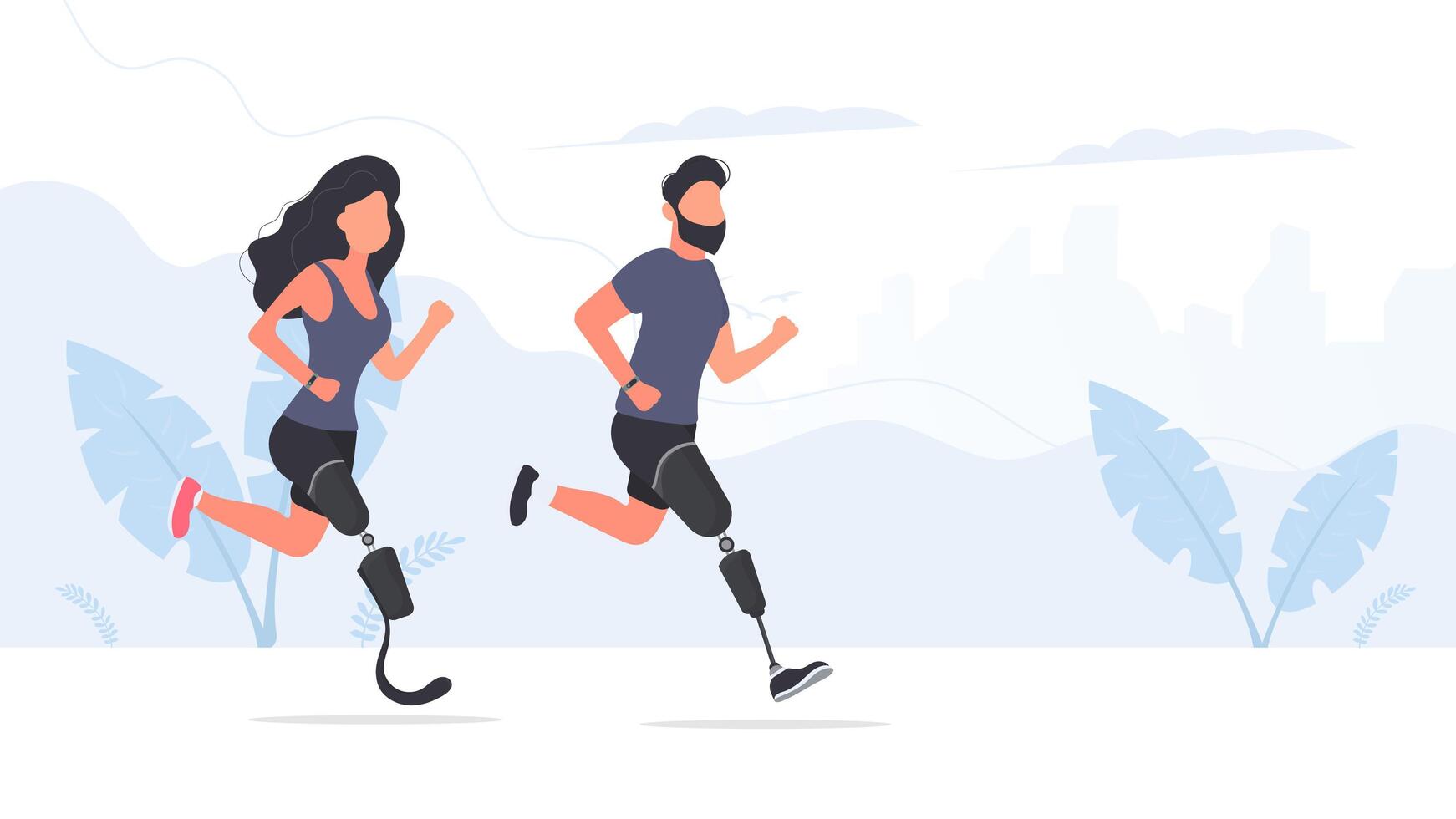 A guy and a girl with prosthetic legs are running through the park. The concept of a fulfilling life without the lost limbs of the body. . vector