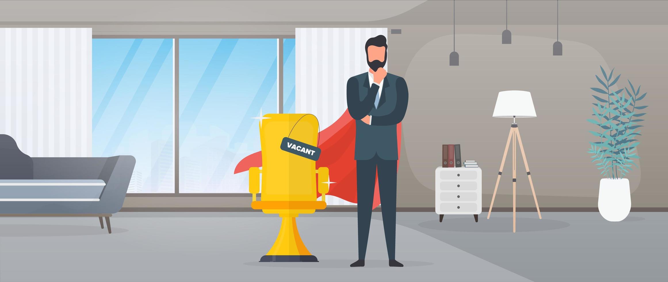 Vacant place. Businessman with red superhero cloak. Gold office chair. The concept of open vacancy, search and recruitment of personnel, HR. Vector. vector
