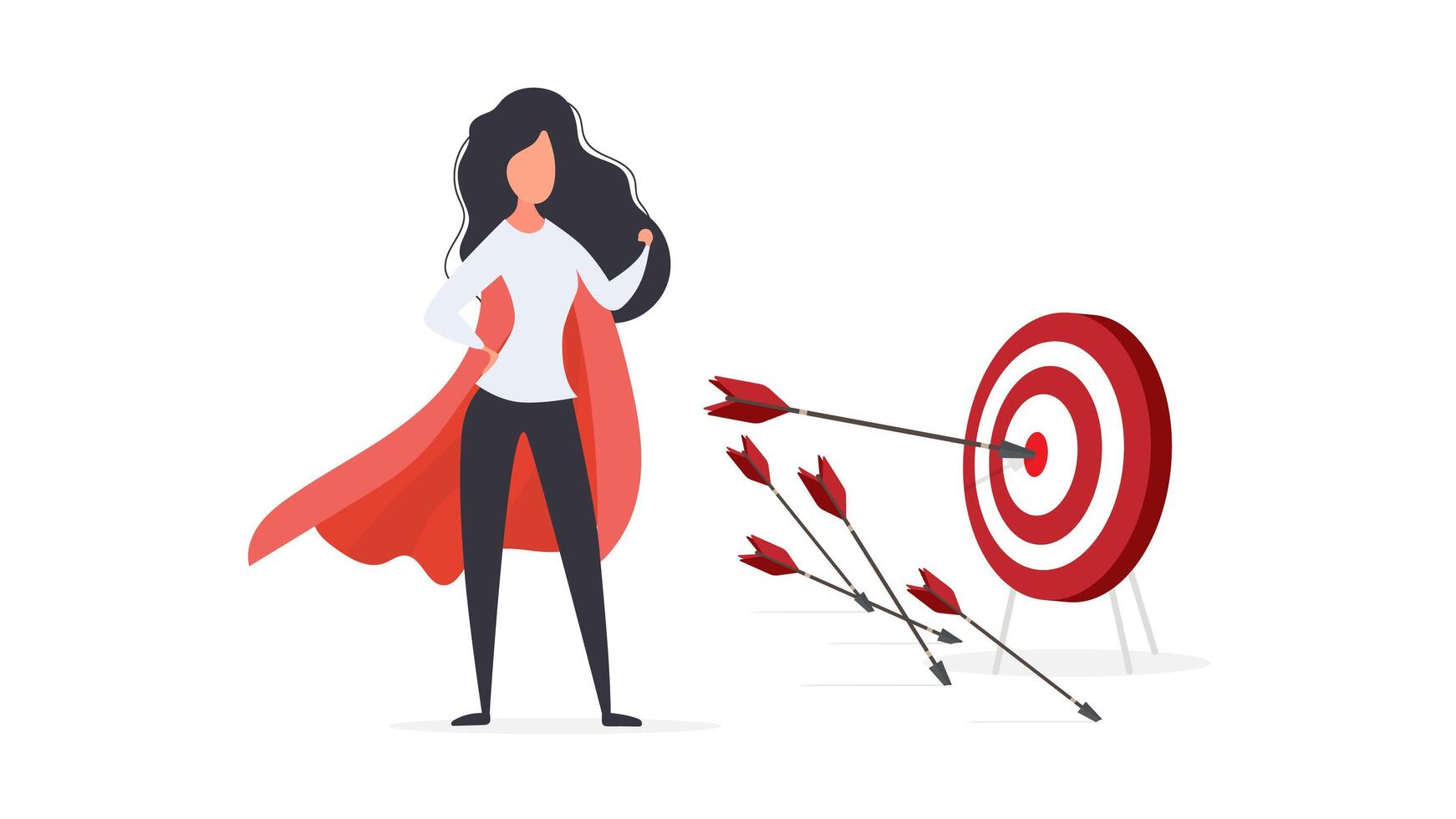 The girl with the red cloak hits the target. Big target. An arrow hitting the center of the target. Superhero woman. Isolated. . vector