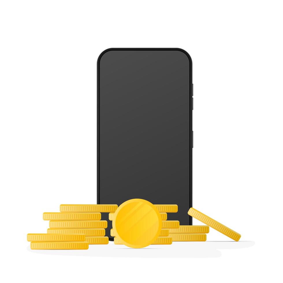 Realistic phone and gold coins. Modern smartphone. Good for design on loans, cashback and money management via phone. Isolated. Vector. vector