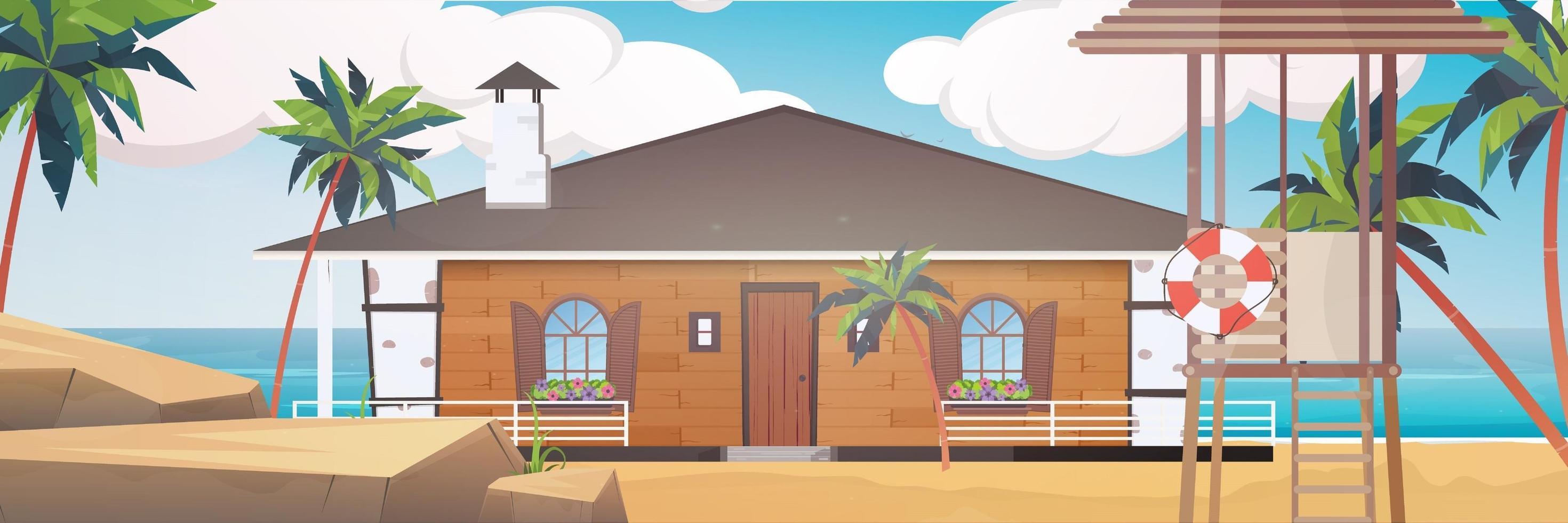 Villa on a sandy beach with palm trees. Summer vacation concept. Vector illustration. Cartoon style.