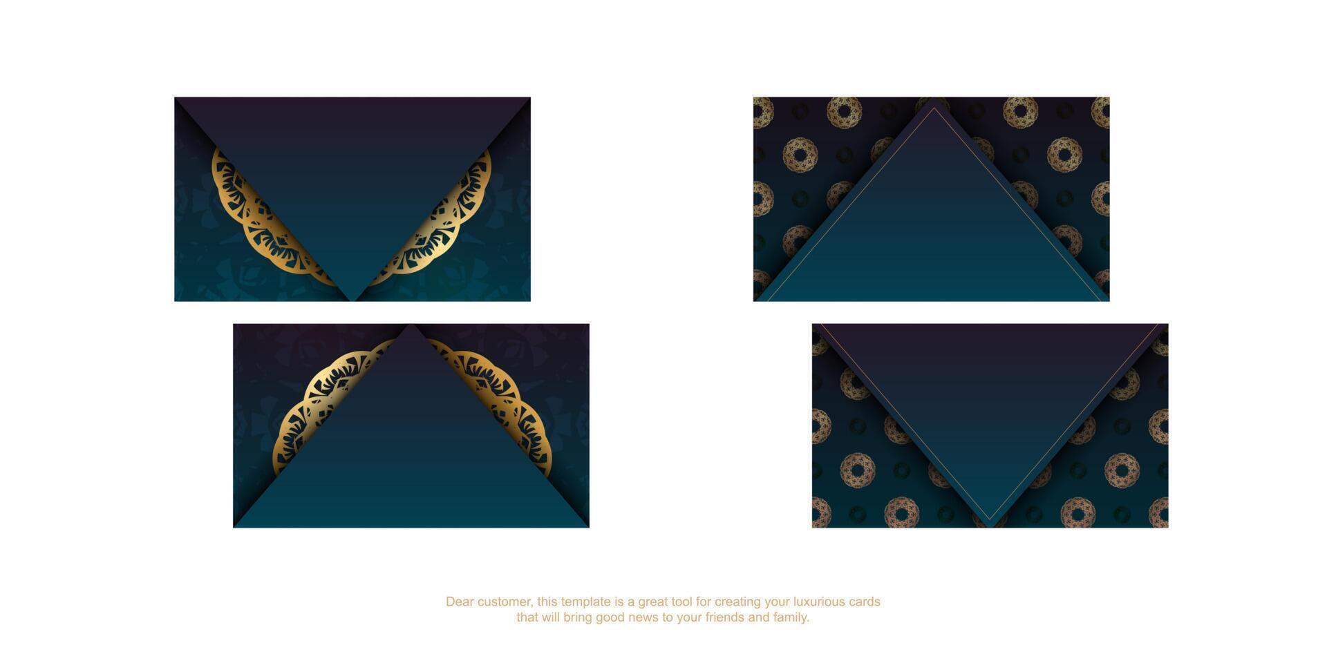 Gradient blue business card with vintage gold ornaments for your contacts. vector