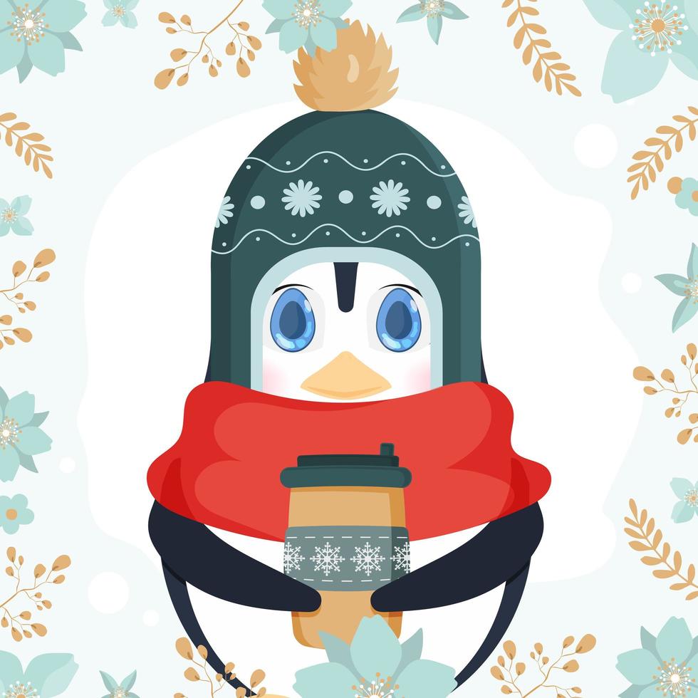 A little cute penguin in a winter hat and a scarf holds a hot drink in his hands. Knitted hat, red scarf, hot, coffee or latte. Ready postcard. Vector