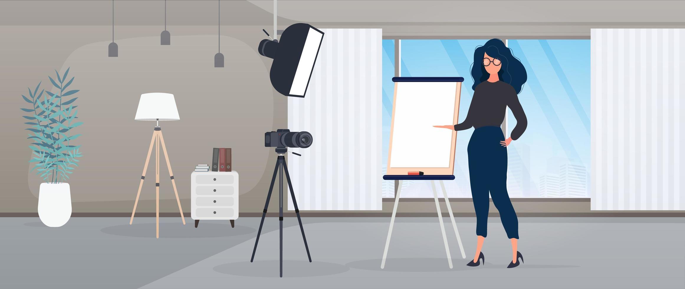 The girl is giving a presentation in front of the camera. The teacher conducts a lesson online. The concept of blogs, online training and conferences. Camera on a tripod, softbox. vector