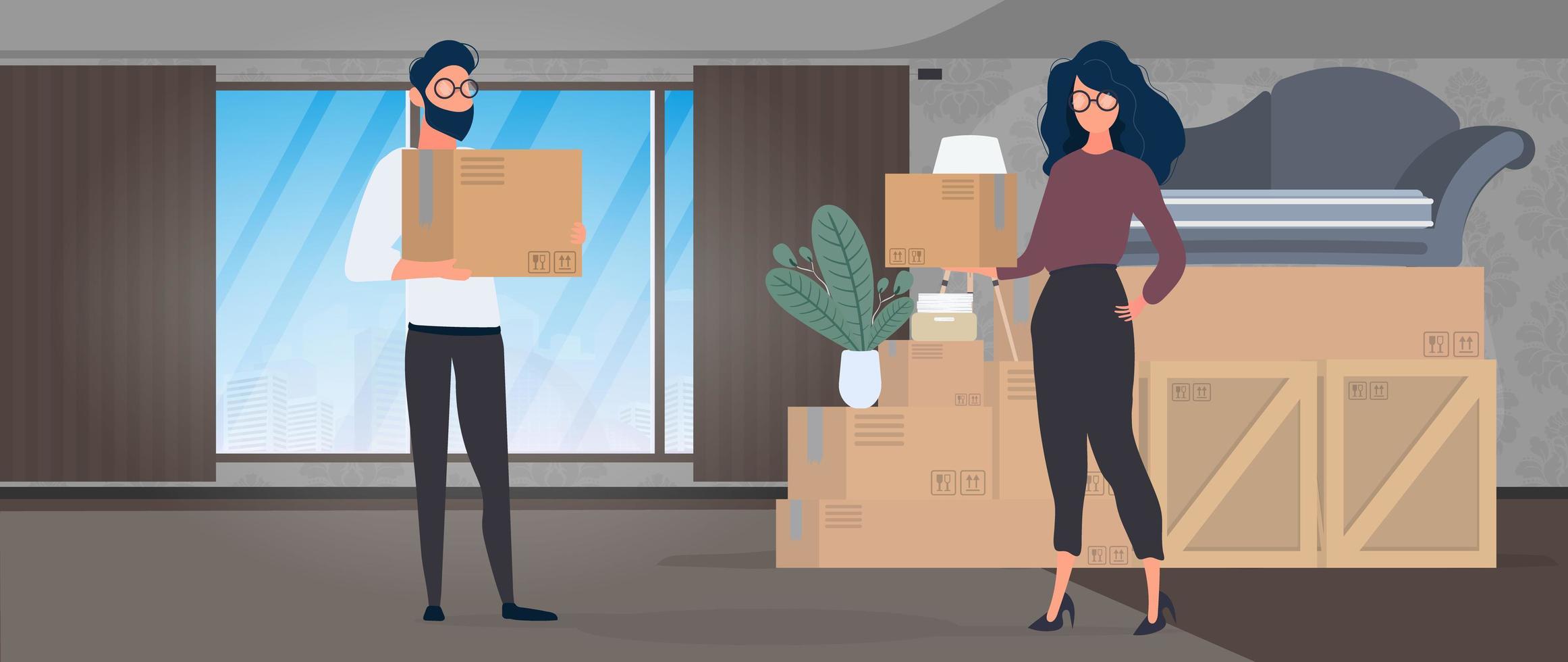 The guy and the girl are holding paper boxes in their hands. Large boxes, sofa. The concept of moving, changing housing, buying an apartment or moving an office. Vector. vector