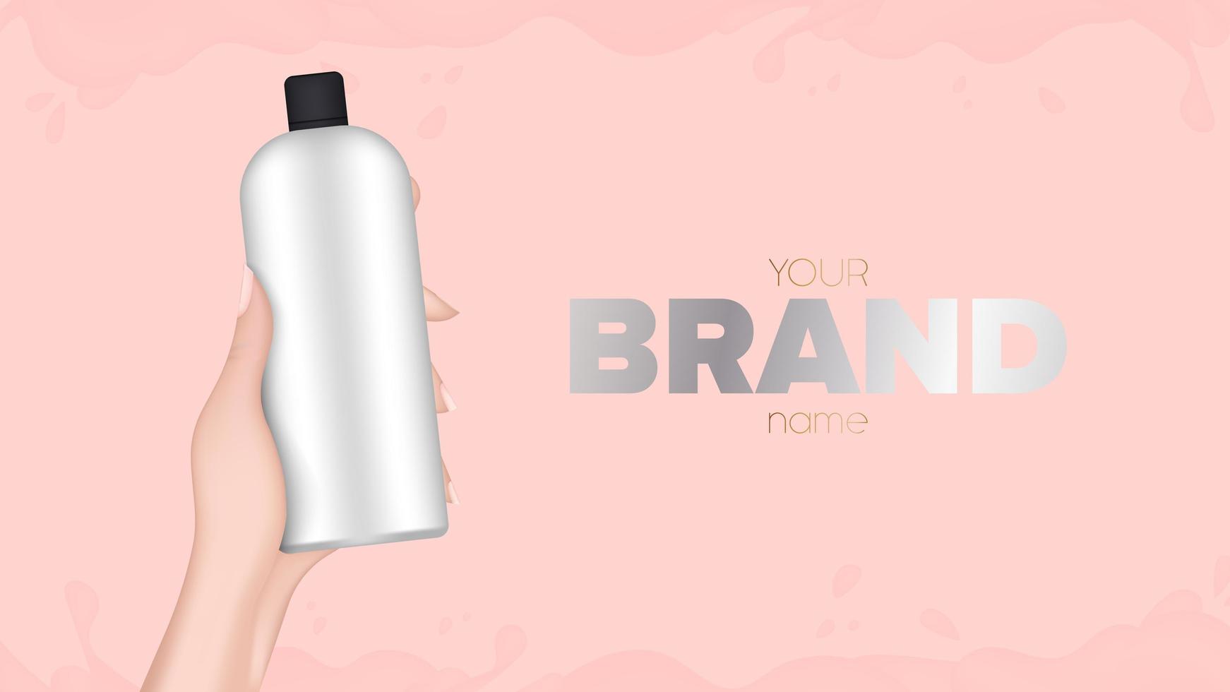 Hand holds a plastic bottle. Realistic female hand with a bottle. Good for shampoo or shower gel. Banner for advertising cosmetics. Vector. vector