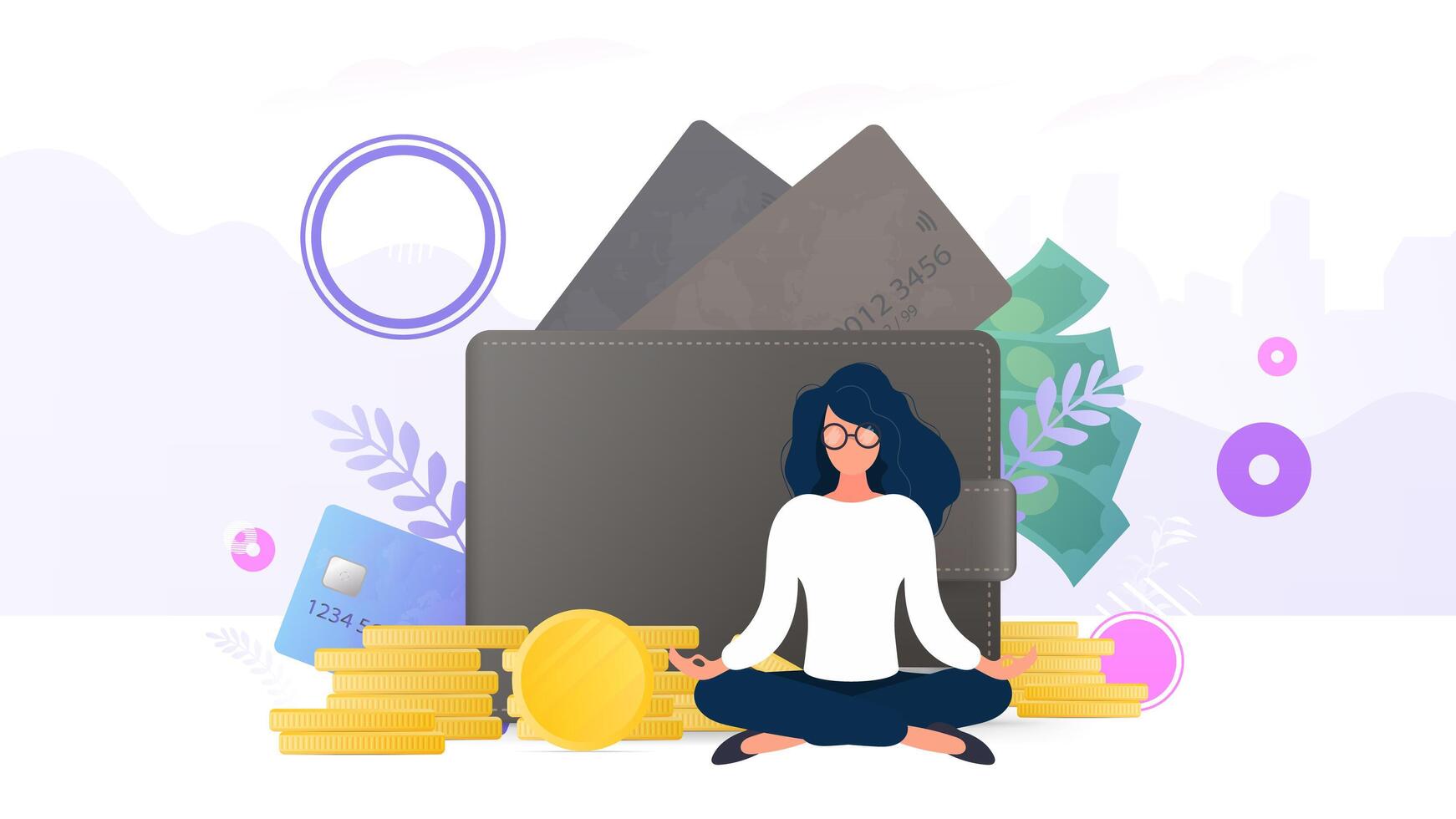 Girls meditating on the background of a wallet with credit cards and gold coins. The concept of savings and accumulation of money. Good for presentations and business-related articles. vector