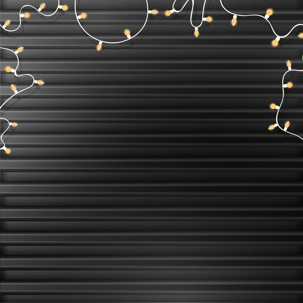 Black metal background with garlands and light bulbs. Festive garlands, background with place for text. Vector illustration.