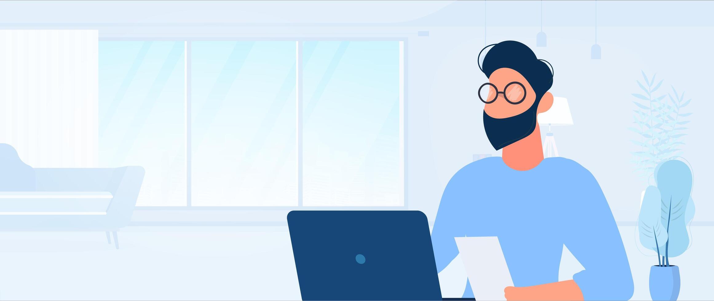 A man with a beard and glasses is sitting at a desk with a laptop vector