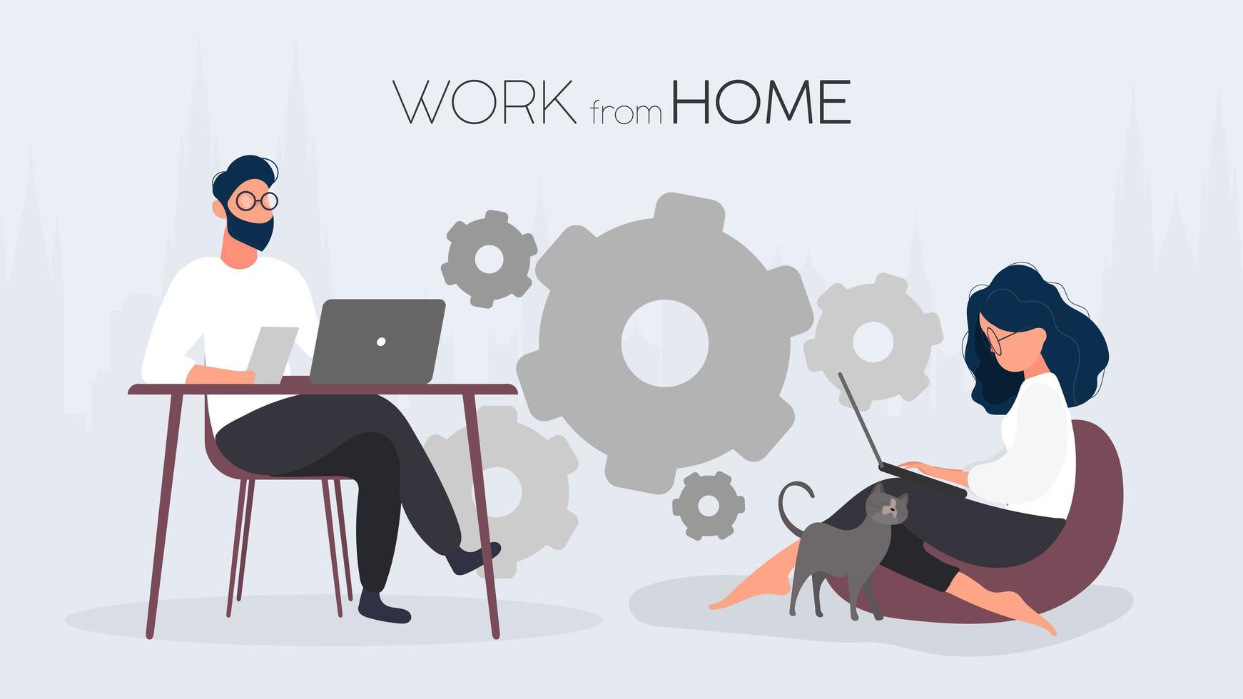 Work at home banner. The girl sits on a large pouf and works at a laptop. The guy sits at the table working on the computer. Vector. vector