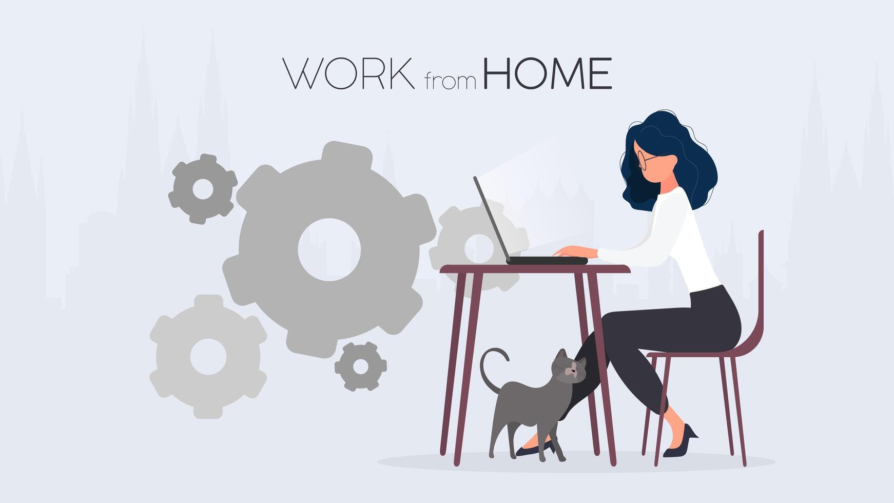 Work from home banner. The girl sits at the table and works at the laptop. A woman with a laptop sits at the table. Comfortable work at home concept. Vector. vector