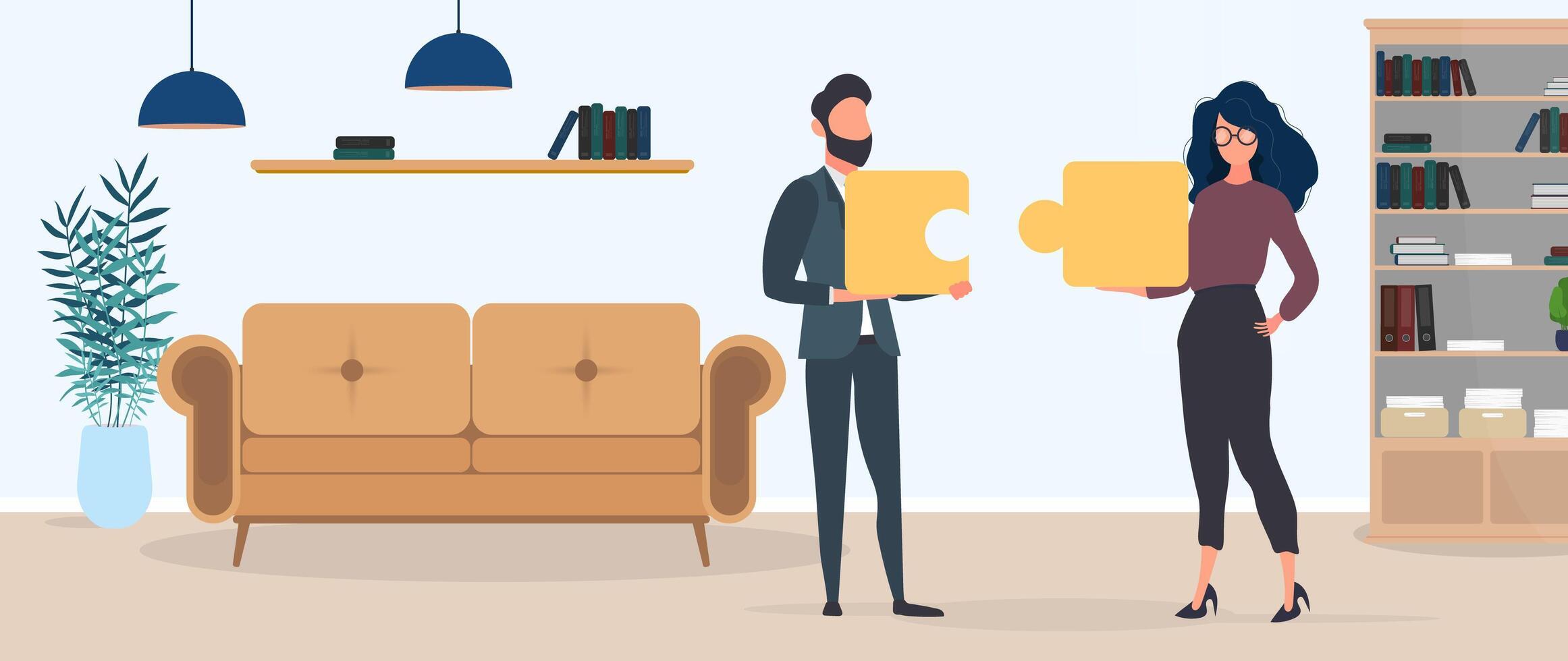 The guy and the girl are holding puzzle pieces. The woman and the man are putting together a puzzle. Office. The concept of teamwork, living together or understanding. Vector. vector