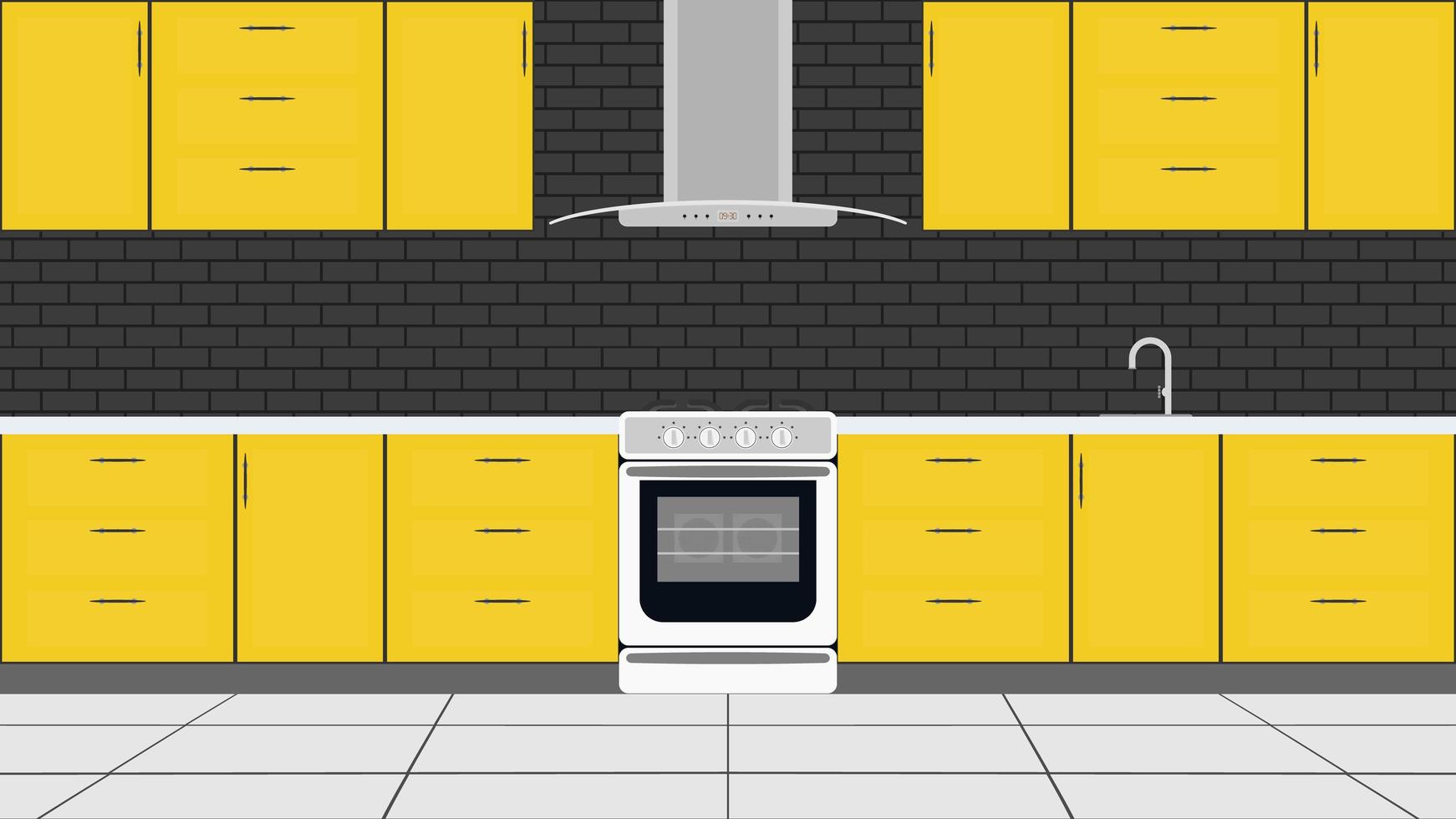 Stylish kitchen in a flat style. Yellow Kitchen Cabinets, Stove, Oven. Vector. vector