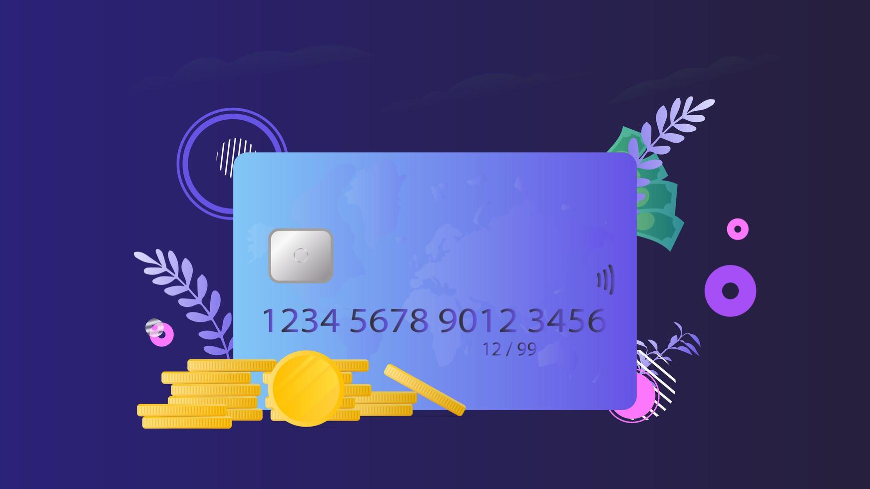 Banner on the theme of finance. Credit card, gold coins, dollars. Concept of saving money, cashback or payment. Vector. vector