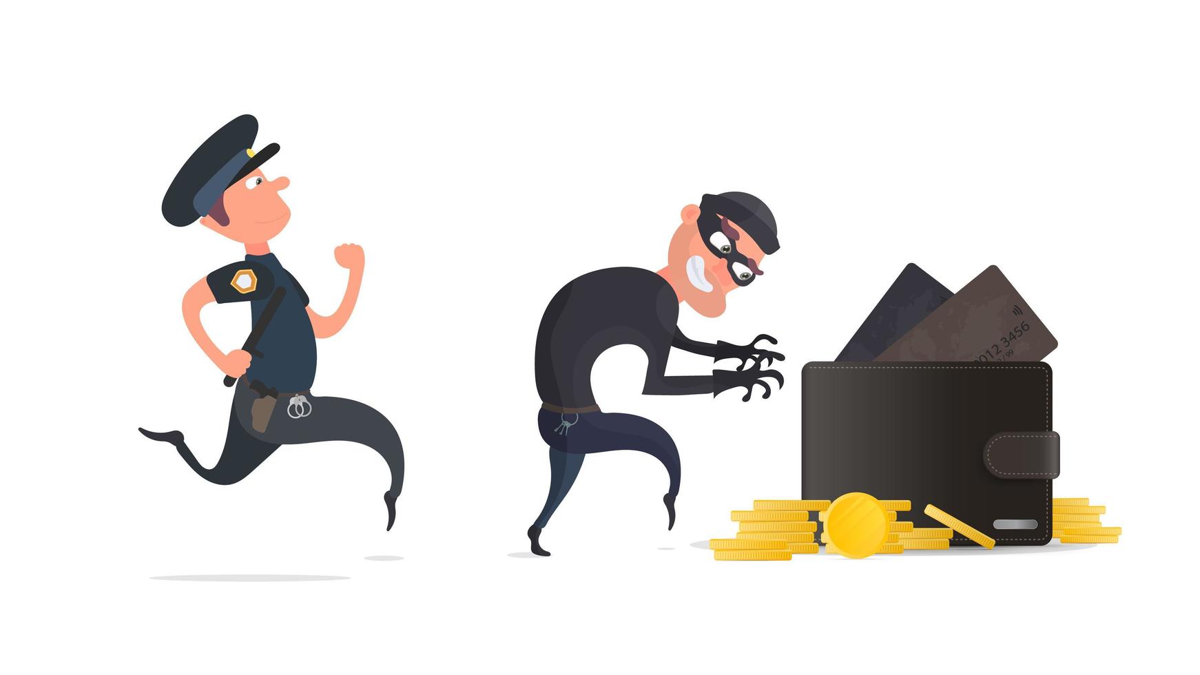 un criminal roba una billetera con tarjetas de crédito y monedas de oro. un policía detiene a un ladrón. el concepto de robo. seguridad, finanzas y datos. estilo plano, vector. vector