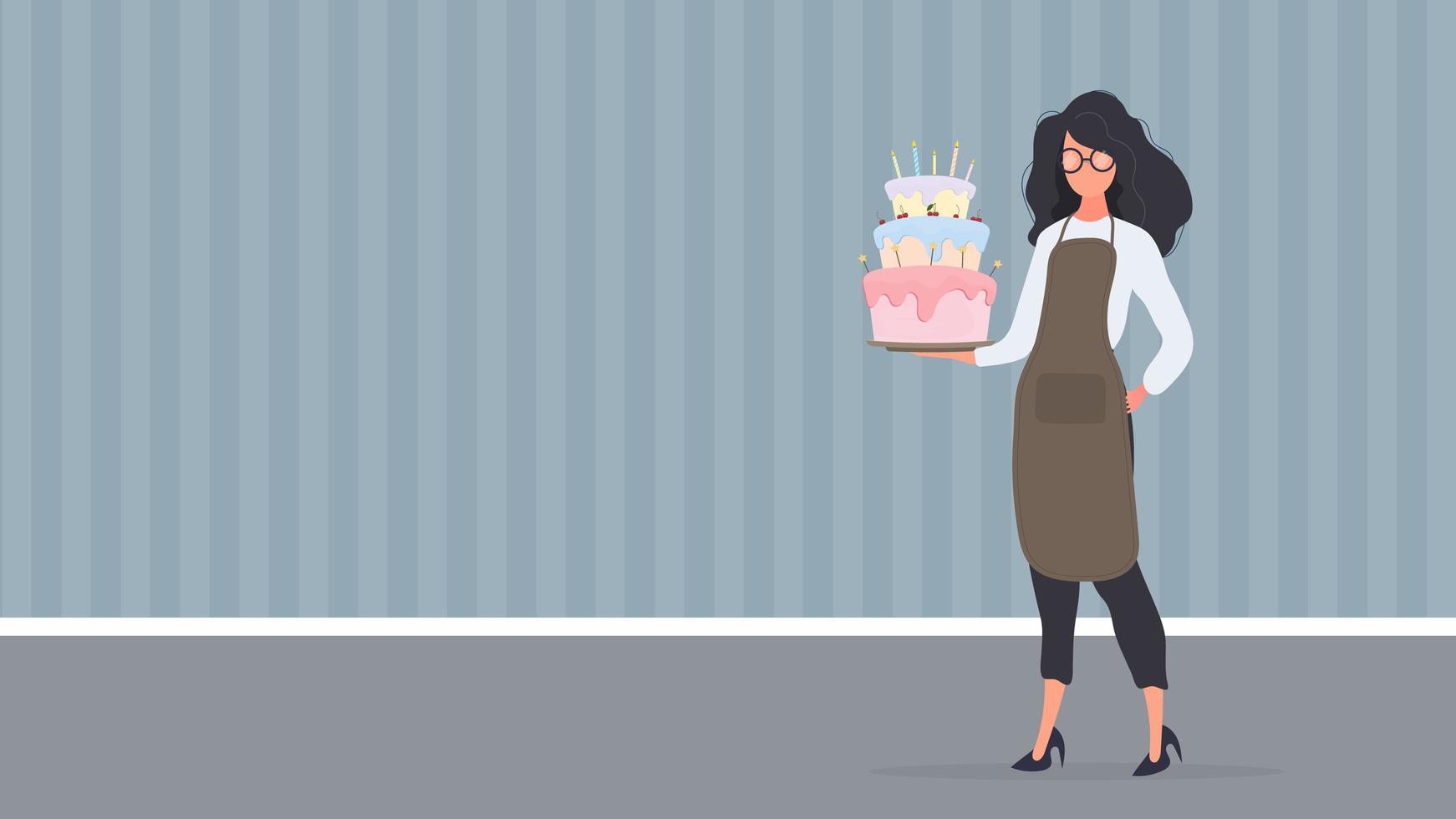 cocinera tiene un pastel de cumpleaños. niña sostiene un pastel. bueno para artículos de cumpleaños y pancartas. vector. vector