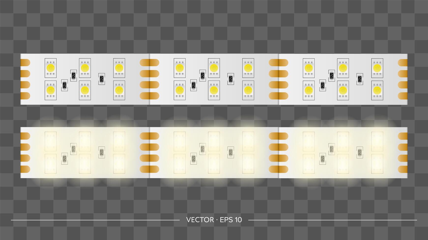 Burning LED strip. Turned off LED strip close up. Realistic vector. vector