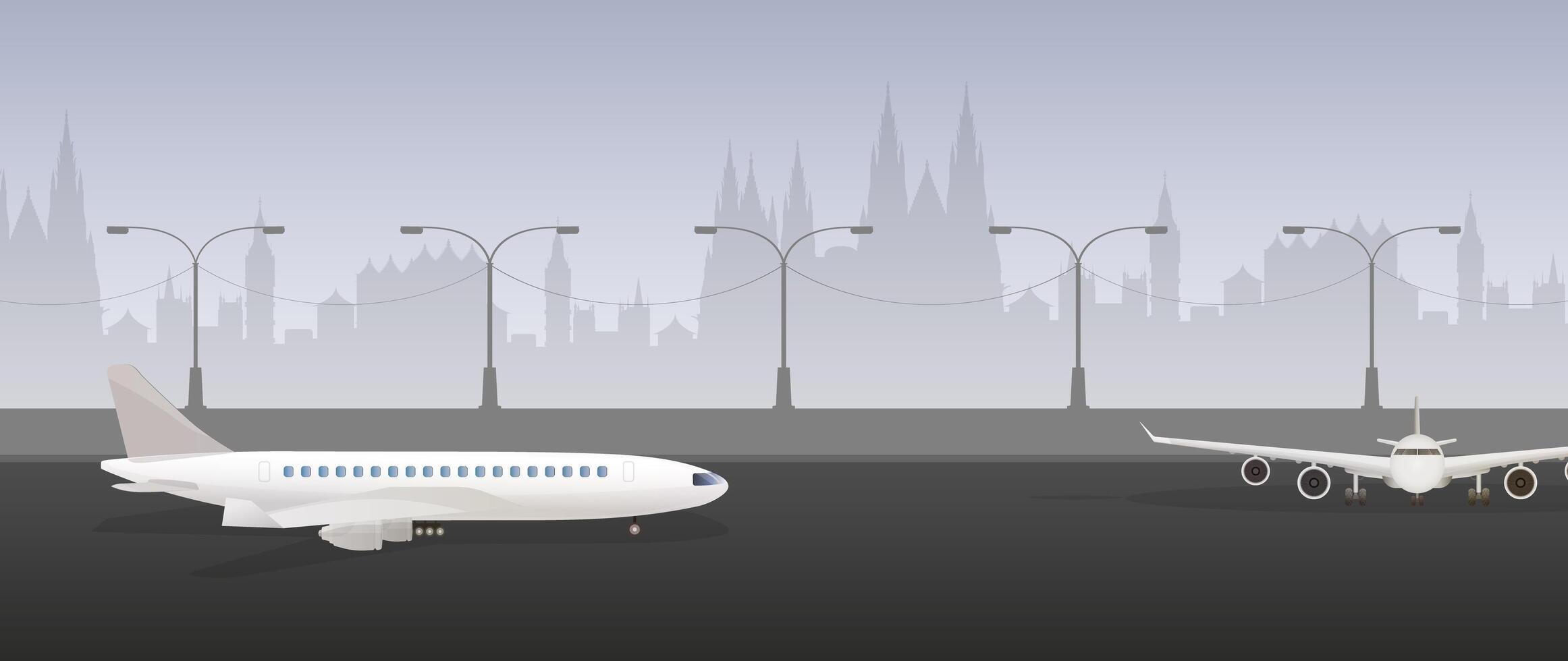 Airplane on the runway with city skyline in background vector