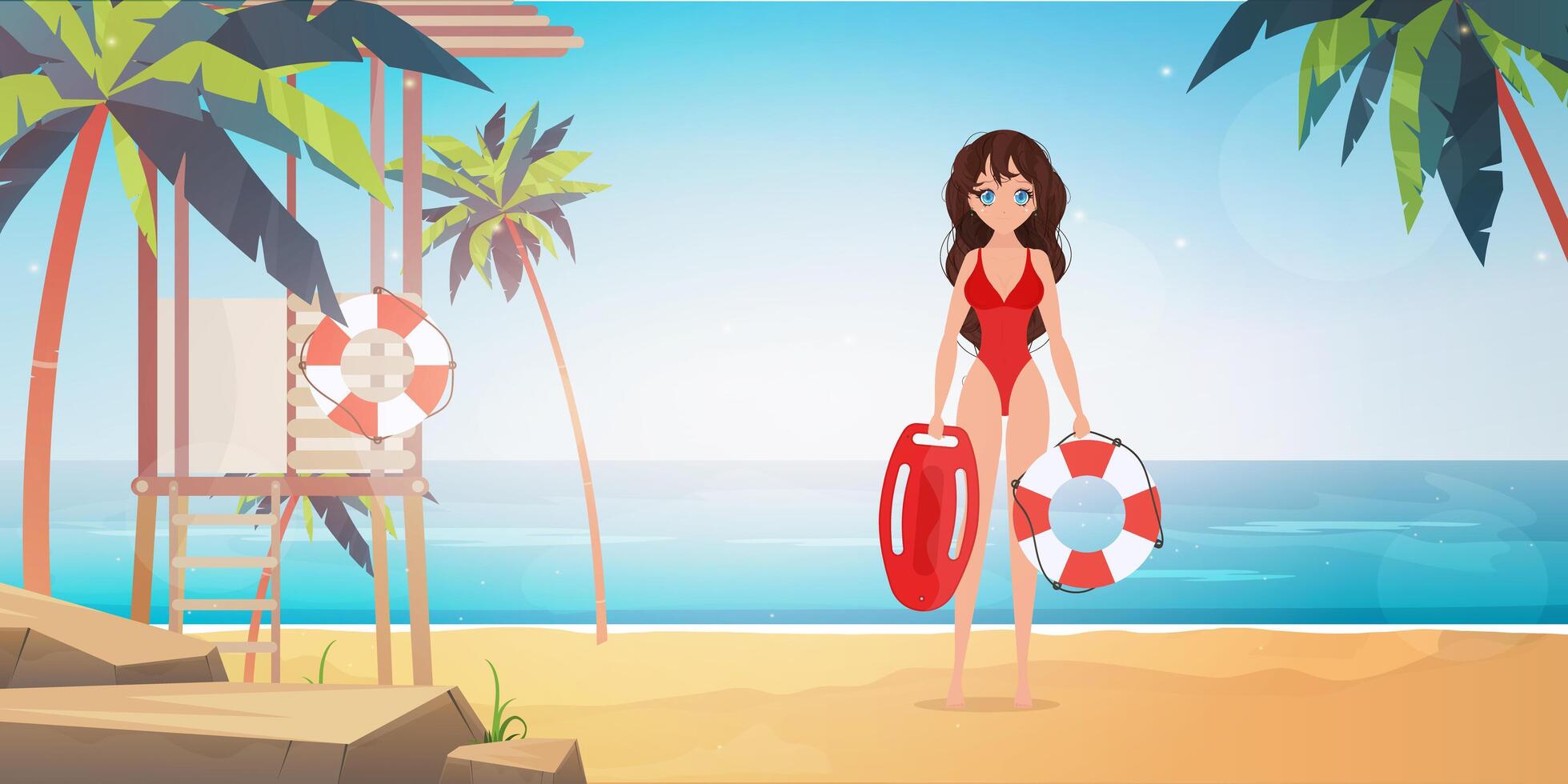 mujer de salvavidas de playa en la playa con palmeras. estilo de dibujos animados. vector