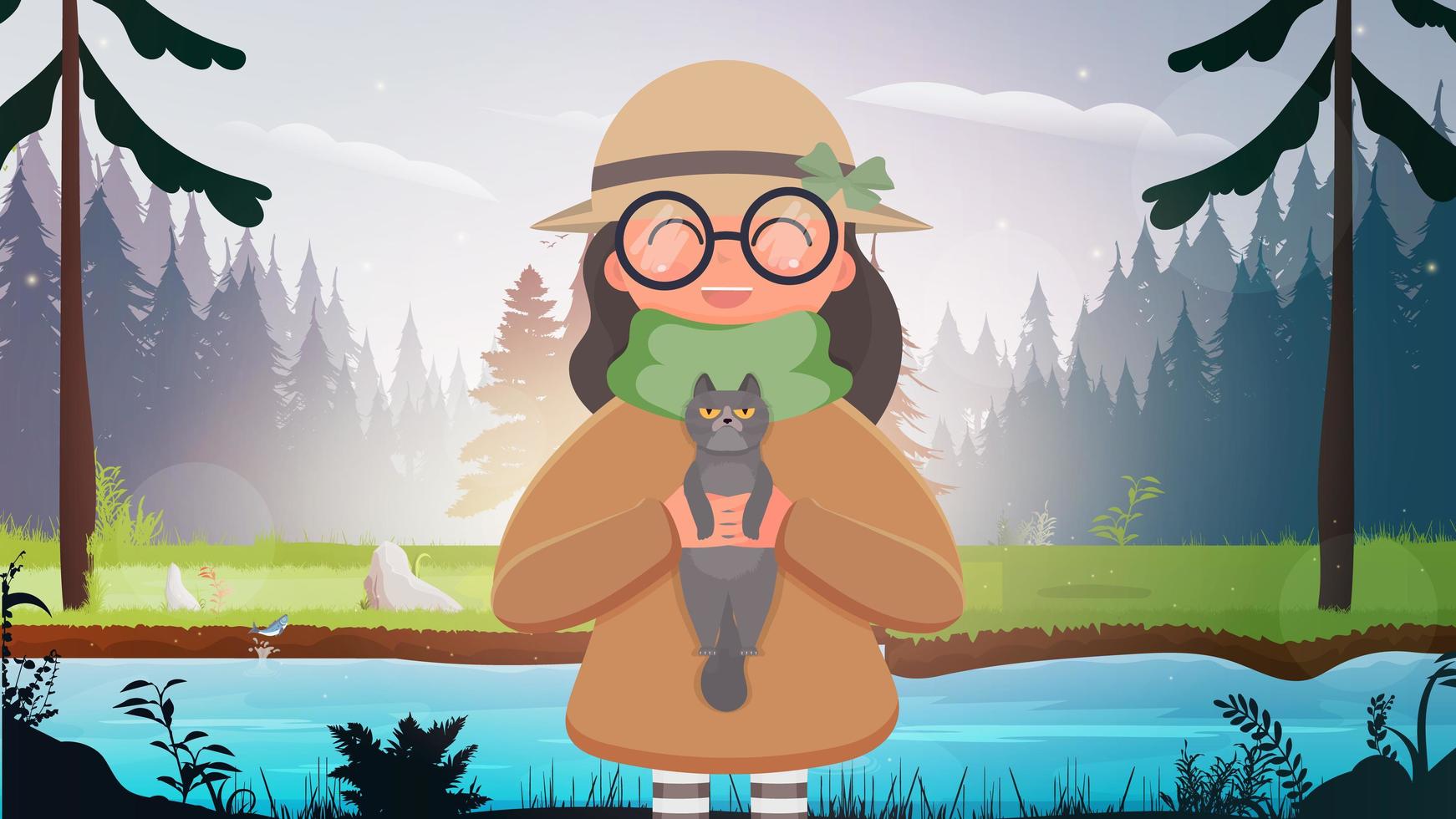 A cute girl in a hat and glasses stands in the forest and holds a small cat in her arms. Vector illustration.