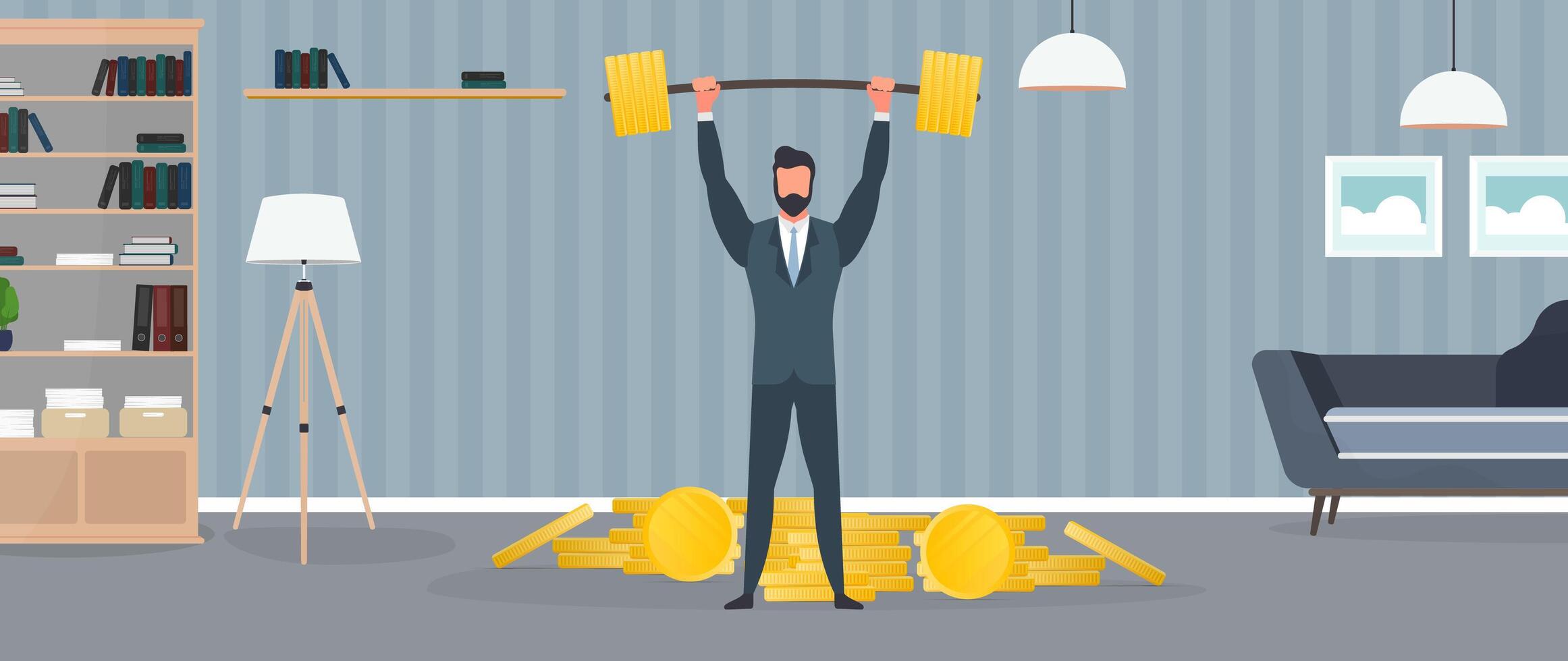 A businessman stands with a mountain of coins and raises the barbell. A man in a suit with a barbell. The concept of a successful business and revenue growth. Isolated. Vector. vector