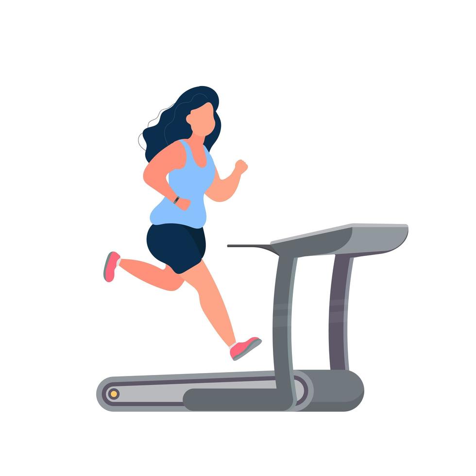 Fat girl runs on a treadmill. Running fat woman work out on the simulator. The concept of weight loss and a healthy lifestyle. Isolated. Vector