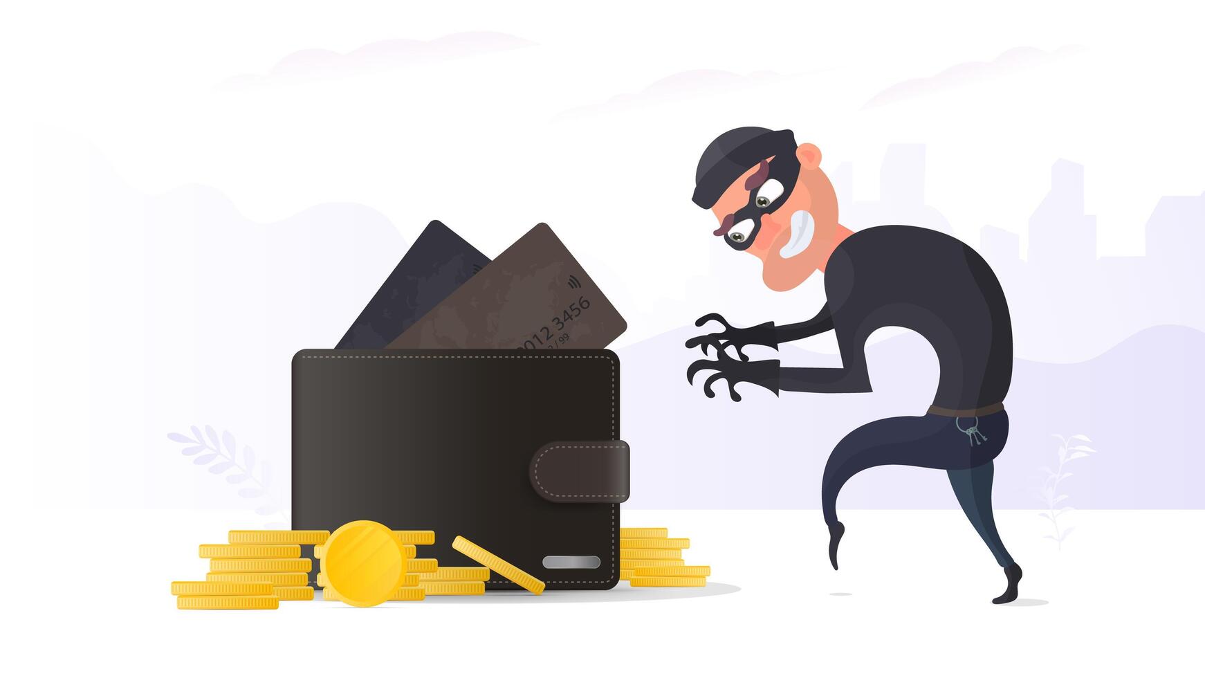 A thief stealing a credit card in wallet. A criminal steals a man wallet. The concept of fraud, fraud and fraud with money. Vector. vector