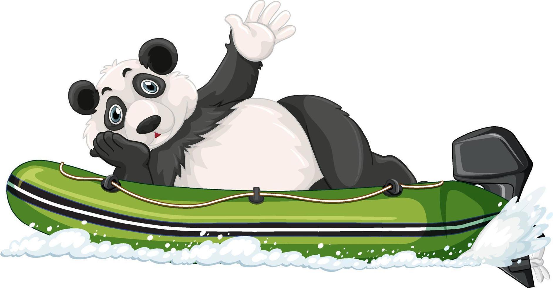 Panda en un bote inflable a motor en estilo de dibujos animados vector