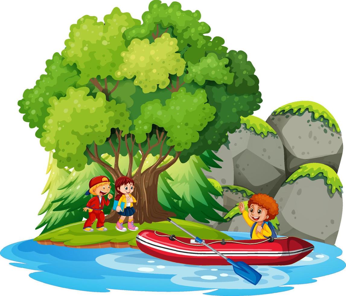 Isolated cartoon island with children on inflatable boat vector