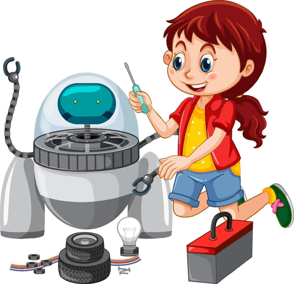 Young girl fixing a robot vector