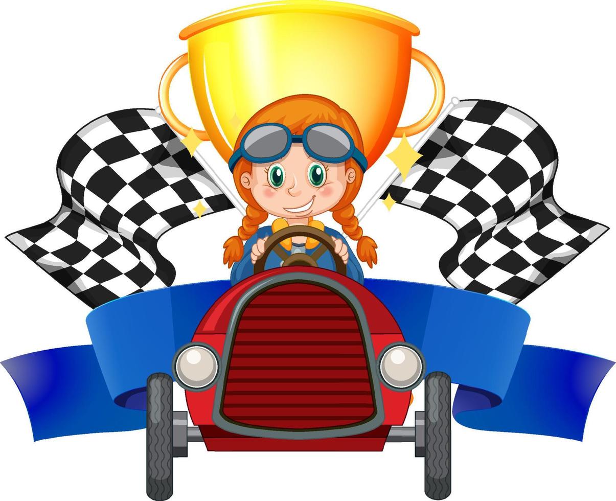 Conductor de niña con trofeo y bandera de carrera. vector