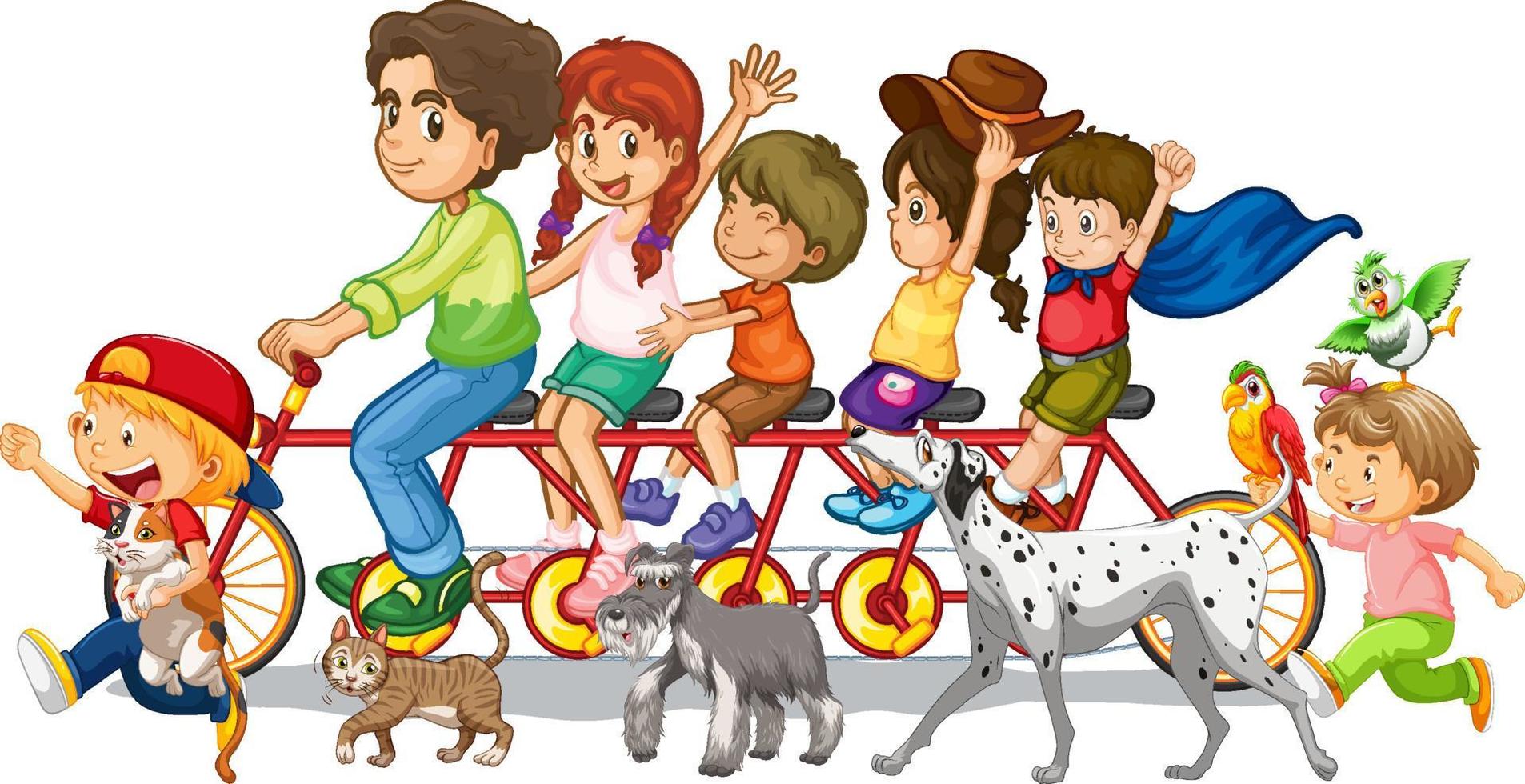 Familia monta una bicicleta con sus mascotas sobre fondo blanco. vector