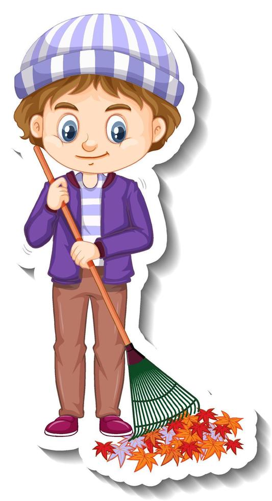 A boy holding broom cartoon character sticker vector