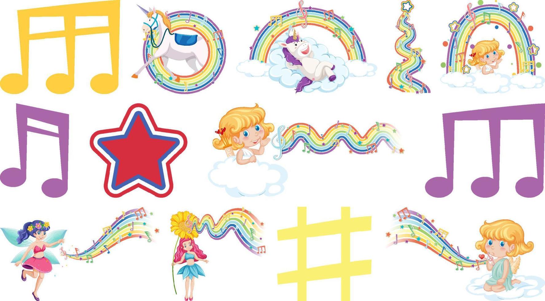 Set of fantasy fairies and cupids with rainbow elements vector