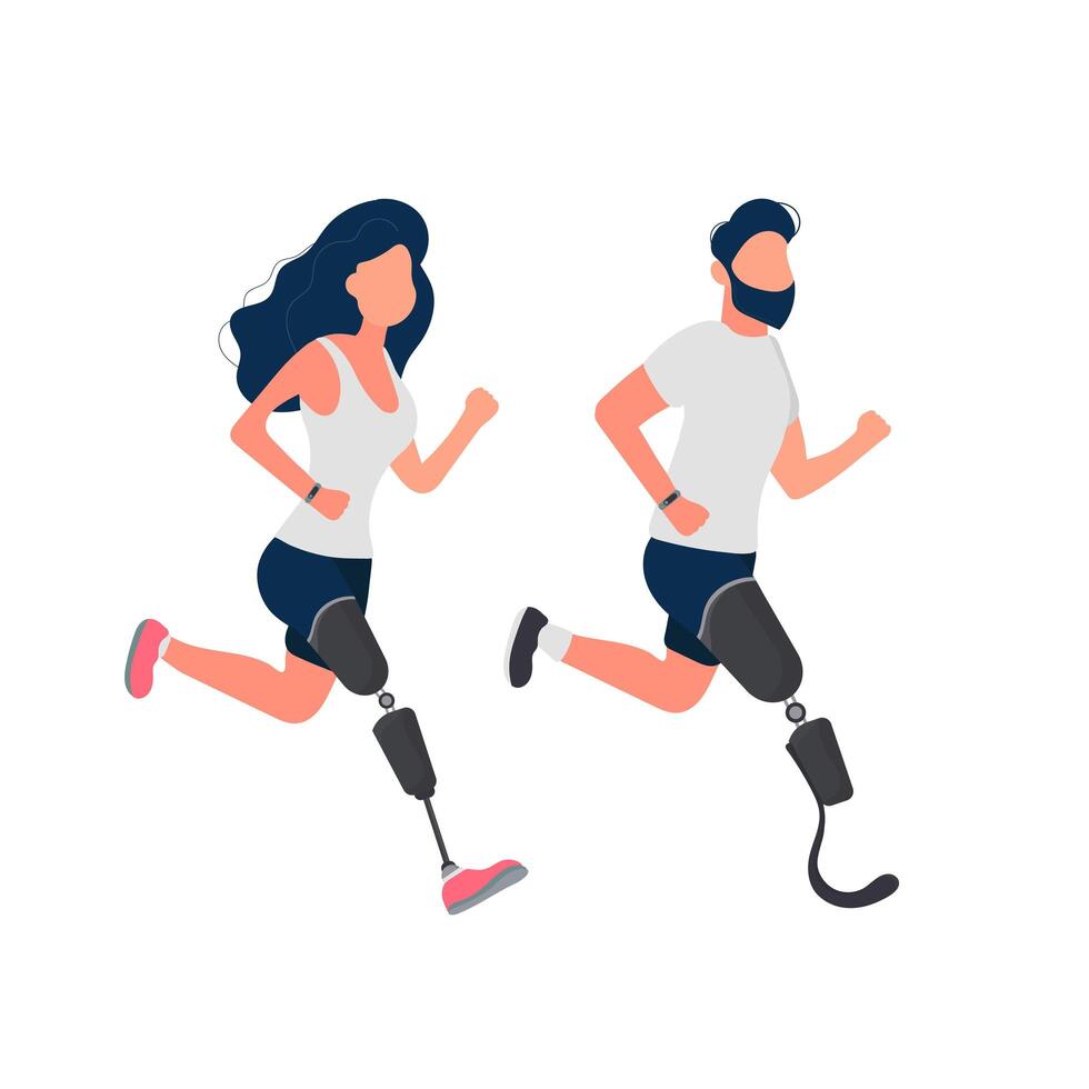 Set of people with prosthetic legs. A guy and a girl with prostheses are running. Isolated. . vector