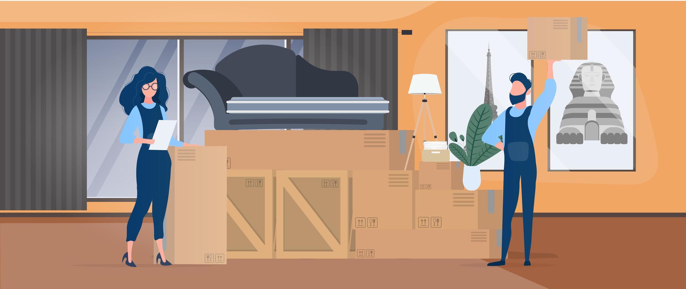 Moving home banner. Moving to a new place. Wooden boxes, cardboard boxes, sofa, houseplant, floor lamp. Vector. vector