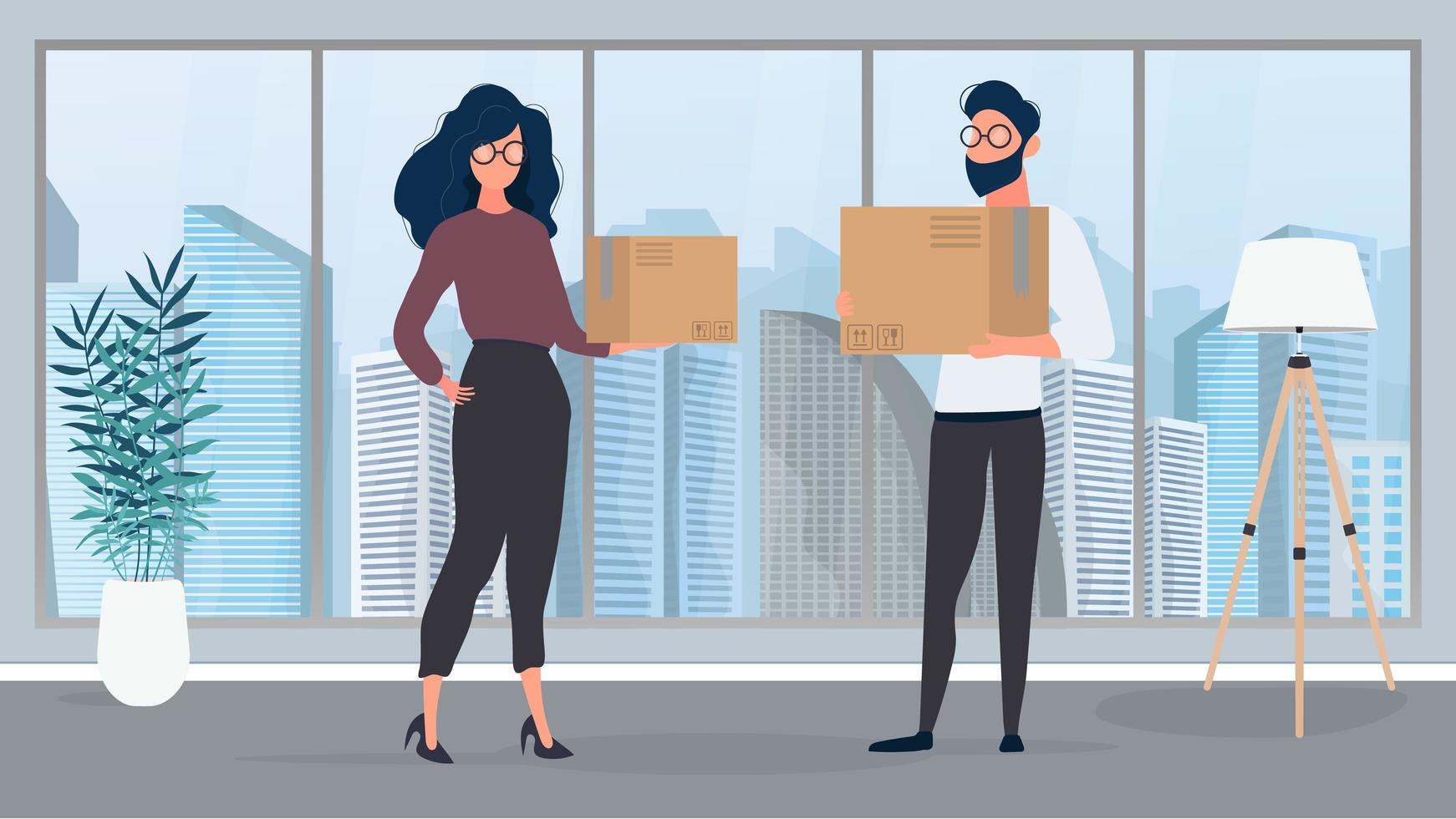 A guy and a girl stand in an empty room and hold paper boxes. The concept of relocating, changing housing, buying an apartment or moving an office. Vector. vector