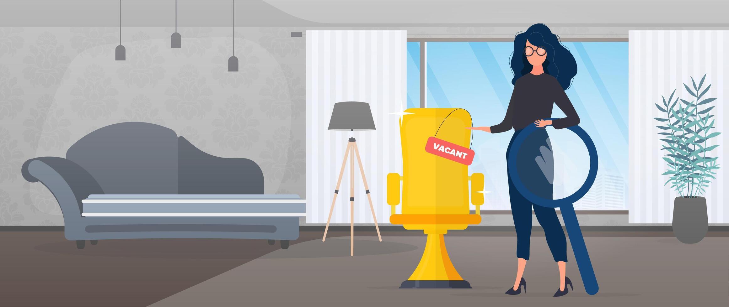 Girl shows on a vacant place. Gold cup in the shape of an office chair. The concept of open work. Suitable for registration on the topic of job search and workers. . vector