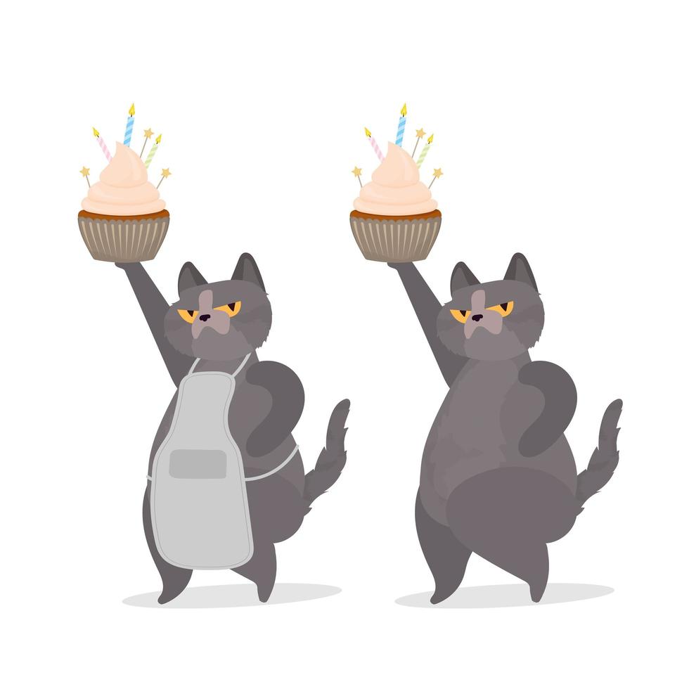 gato gracioso sostiene una magdalena festiva. dulces con crema, muffin, postre festivo, confitería. bueno para tarjetas, camisetas y pegatinas. estilo plano. vector. vector