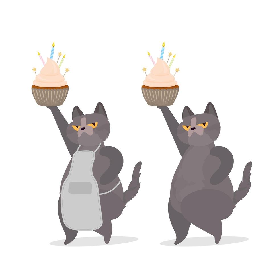 Two cartoon cats holding up a cupcake vector