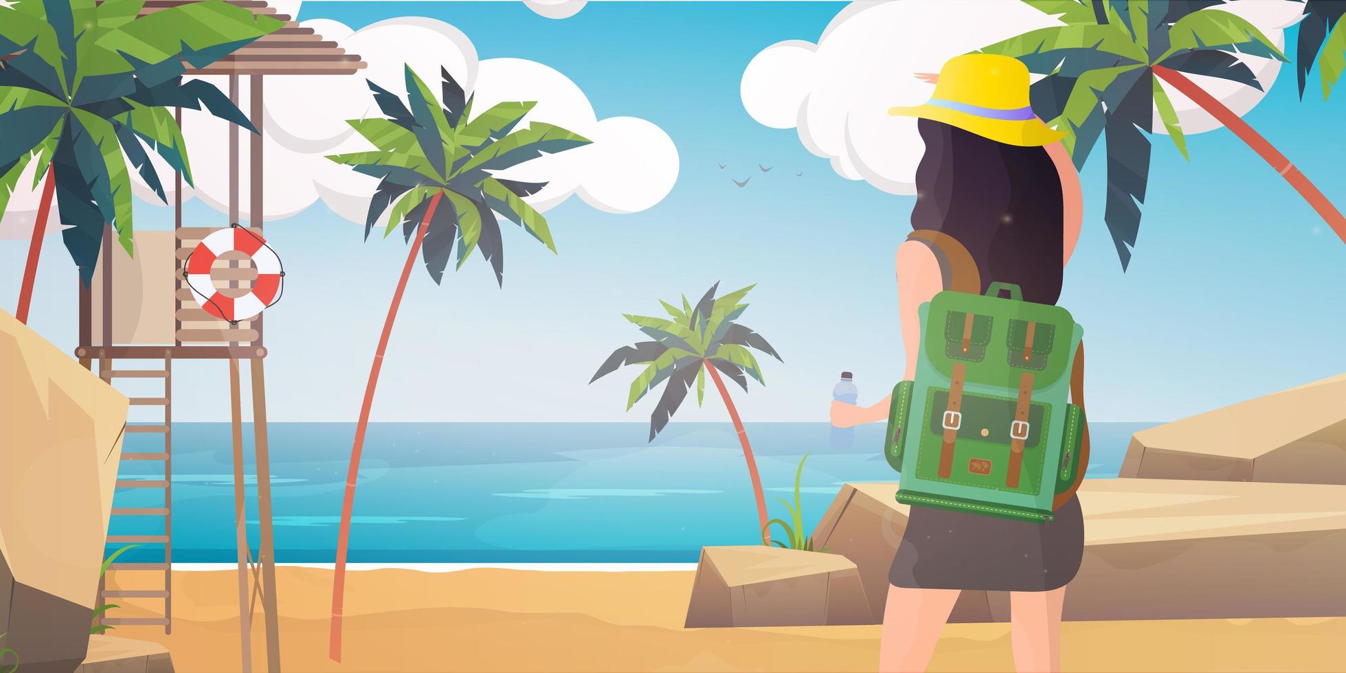 chica con mochila mira a la playa. una mujer camina por la playa con palmeras. estilo de dibujos animados. vector. vector