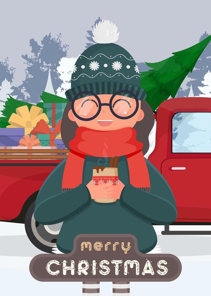 Postcard merry christmas. A girl in a snowy forest drinks a hot drink on the background of a red car with gifts and tree. A woman in warm winter clothes holds a cup in her hands. Vector