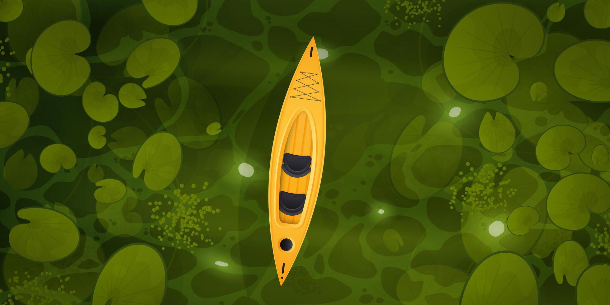 A yellow kayak floating in a green pond vector
