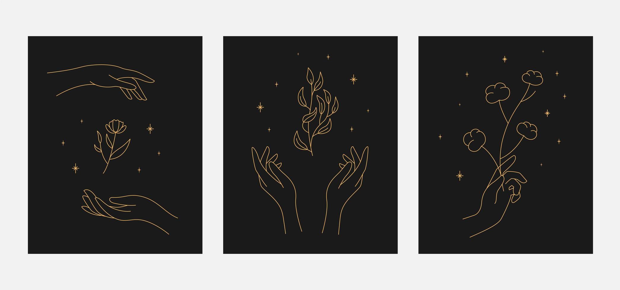 Magic sparkling twigs in hand. contour esoteric elegant illustration. vector