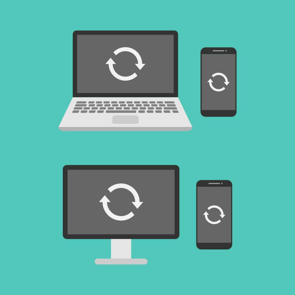 Laptop, computer and smartphone sync or restart icon flat design vector