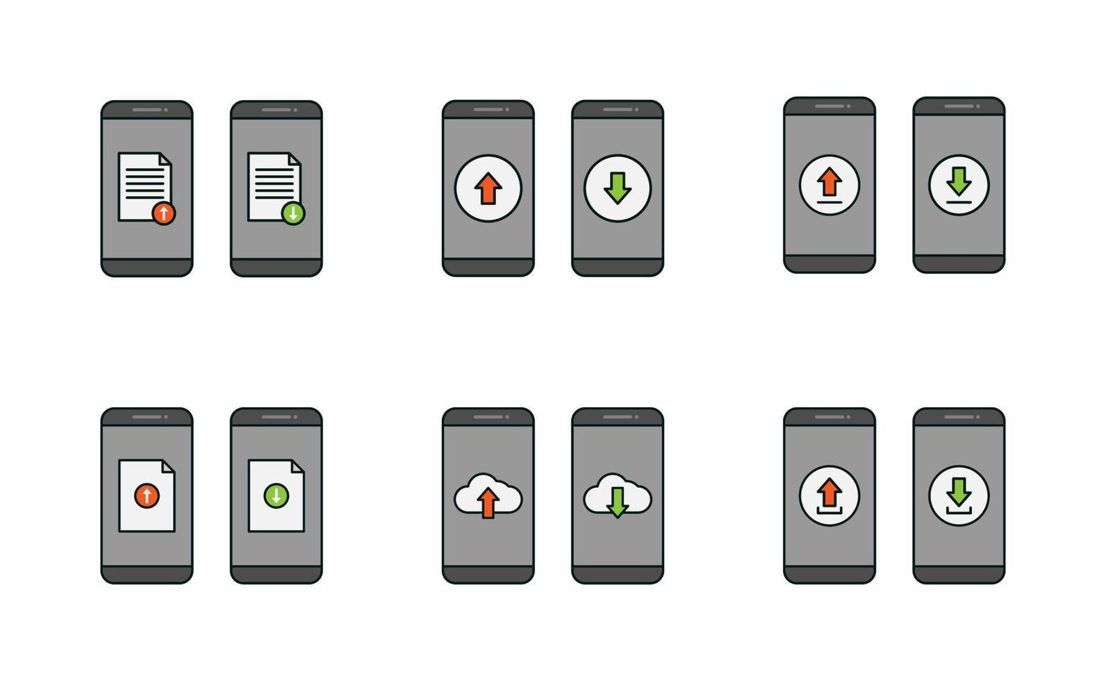 teléfono inteligente, cargar y descargar diseño vectorial de iconos, nube, documento, flecha cargar y descargar conjunto de iconos vectoriales vector