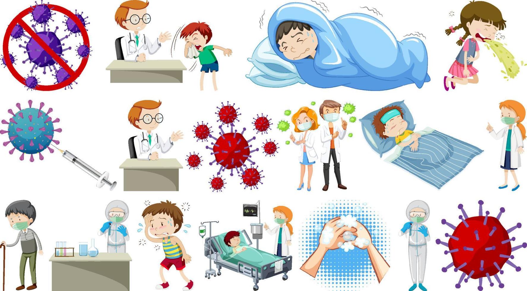 Set of sick people with different symptoms vector